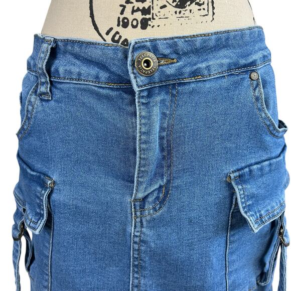 Telepatia Denim Skirt Women Size 16 Light Blue Wash Utilitarian Pockets Y2K Mini - Picture 4 of 10